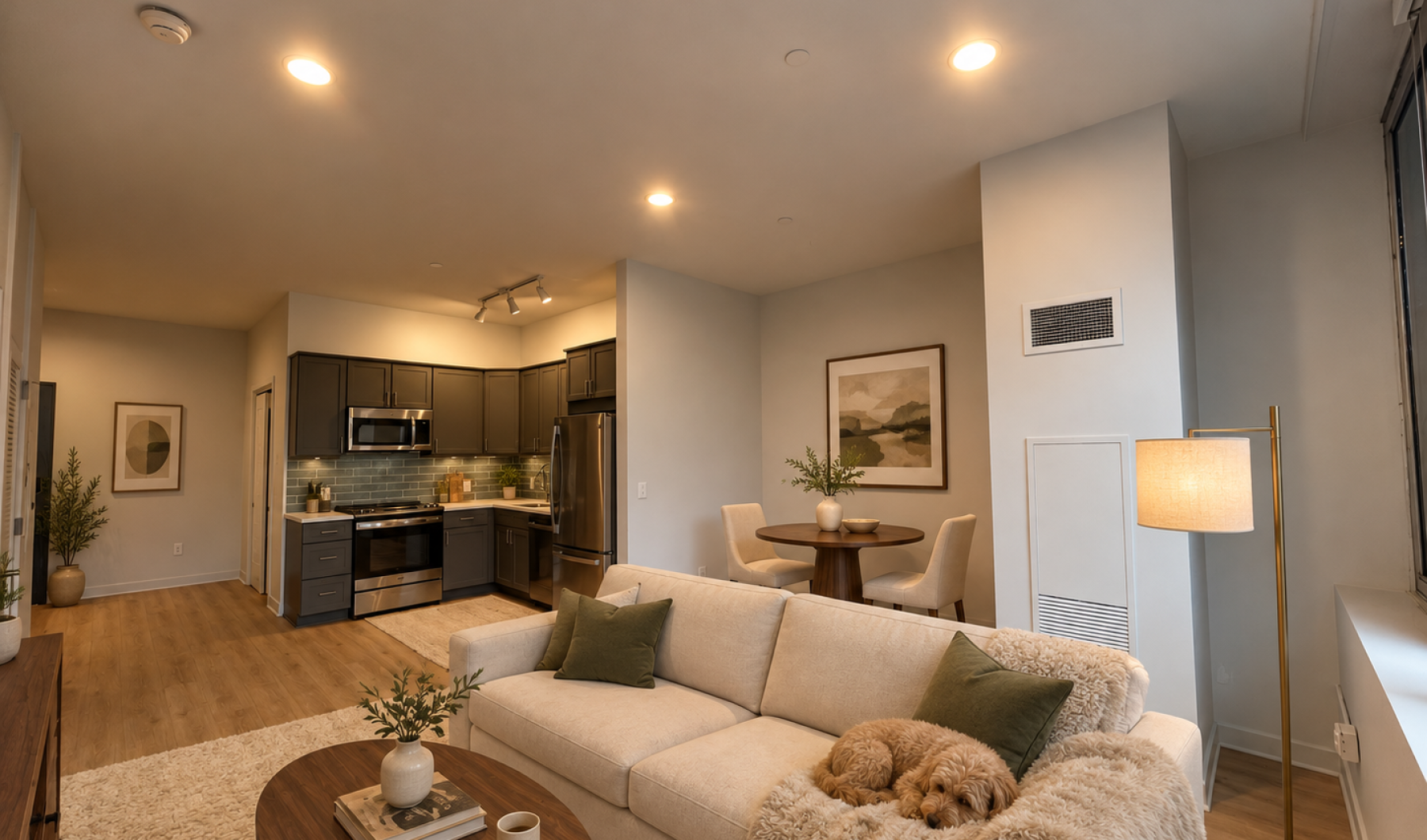 living room and kitchen with large windows in Syracuse, NY