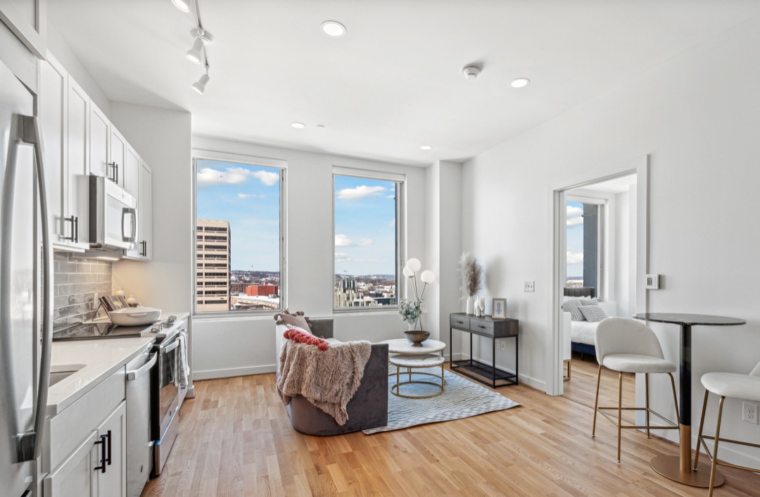 A modern, spacious living room apartment view from The Treasury
