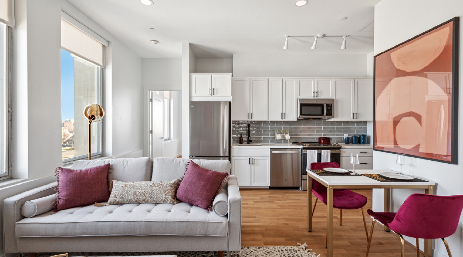 living room with dining area and open kitchen layout